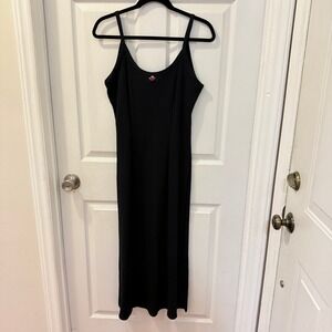 Black Ribbed Spaghetti Strap Midi Dress with Rose Size M y2k 90s Vintage Stretch